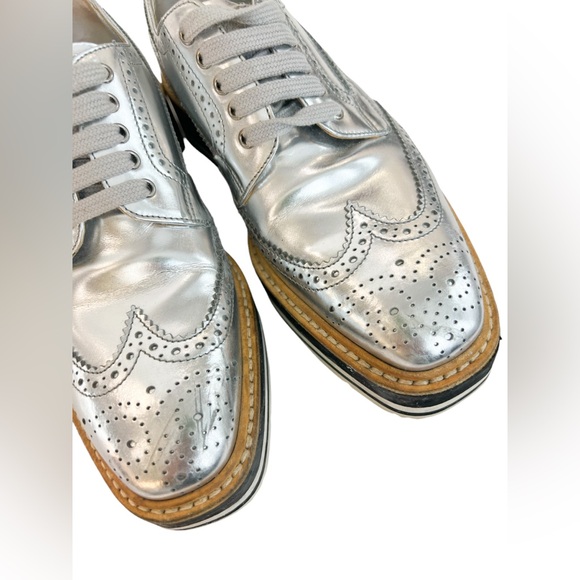 Prada Metallic Silver Brogue Leather Platform Low Top Sneakers - Picture 6 of 9